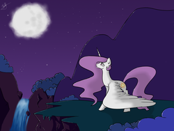 Size: 1600x1200 | Tagged: safe, artist:blacklal, princess celestia, g4, bush, cliff, moon, sad, sadlestia, waterfall