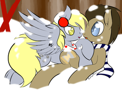 Size: 1280x1024 | Tagged: safe, artist:rainbowdrool, derpy hooves, doctor whooves, time turner, earth pony, pegasus, pony, g4, clothes, duo, female, male, mare, scarf, ship:doctorderpy, shipping, snow, snowfall, stallion, straight