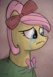 Size: 1024x1470 | Tagged: safe, artist:marsminer, fluttershy, pegasus, pony, g4, alternate hairstyle, artifact, bow, clothes, crying, dress, female, fluttercry, frown, mare, old art, sad, solo