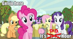 Size: 817x445 | Tagged: safe, edit, edited screencap, screencap, applejack, fluttershy, pinkie pie, rarity, twilight sparkle, g4, my little pony: friendship is magic, the super speedy cider squeezy 6000, caption, cider, image macro, inverted mouth, mug, roflbot