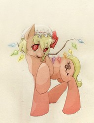 Size: 709x926 | Tagged: safe, artist:wolfiedrawie, bat pony, vampire, fangs, female, filly, flandre scarlet, ponified, special eyes, special wings, touhou