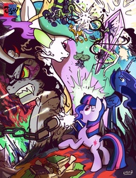 Size: 2060x2684 | Tagged: safe, artist:jowyb, king sombra, princess celestia, princess luna, twilight sparkle, alicorn, pony, unicorn, g4, my little pony: friendship is magic, season 3, book, butt, chains, crystal, crystal palace, dark magic, looking back, looking down, looking up, plot, royal guard, scroll, sombra eyes, unicorn twilight