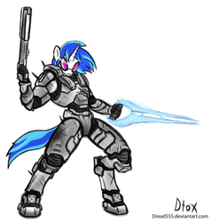 Size: 2000x2100 | Tagged: safe, artist:dread555, dj pon-3, vinyl scratch, anthro, g4, armor, energy sword, female, halo (series), solo, weapon