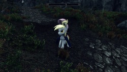 Size: 1920x1080 | Tagged: safe, derpy hooves, fluttershy, pegasus, pony, anthro, g4, 3d, female, fluttershy ridng derpy, game mod, mare, riding, riding a pony, skyrim, the elder scrolls