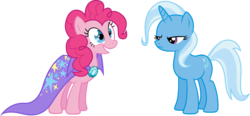 Size: 6364x2965 | Tagged: safe, artist:ambits, pinkie pie, trixie, pony, g4, .ai available, cape, clothes, clothing theft, simple background, transparent background, trixie is not amused, trixie's cape, unamused, vector