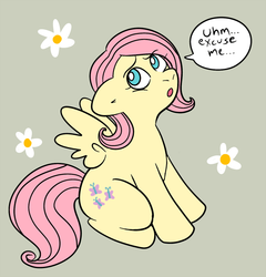 Size: 600x626 | Tagged: safe, artist:technicolor pie, fluttershy, pegasus, pony, g4, dialogue, excuse me, female, floppy ears, flower, looking up, mare, open mouth, sitting, solo, speech bubble, spread wings, wings