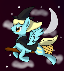 Size: 1024x1127 | Tagged: safe, artist:novaspark, sassaflash, pony, g4, broom, cloud, cloudy, costume, crescent moon, flying, flying broomstick, moon, night, night sky, solo, spread wings, stars, witch