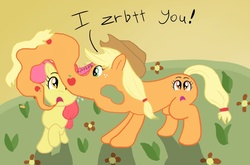 Size: 1000x660 | Tagged: safe, apple bloom, applejack, g4, not salmon, wat