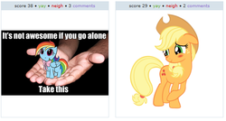 Size: 527x283 | Tagged: safe, applejack, rainbow dash, derpibooru, g4, blushing, cute, exploitable meme, juxtaposition, juxtaposition win, meta