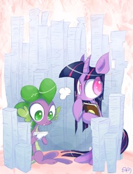 Size: 936x1224 | Tagged: dead source, safe, artist:yuji8sushi, spike, twilight sparkle, dragon, pony, unicorn, g4