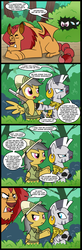 Size: 656x2000 | Tagged: safe, artist:madmax, daring do, zecora, manticore, pegasus, pony, zebra, semi-anthro, g4, angry, annoyed, bush, cape, clothes, comic, daring do is not amused, daringcora, earring, female, gun, hat, hiding, jungle, leopard print, lesbian, noodle incident, piercing, pith helmet, rifle, shipping, shirt, unamused, weapon, zecora is not amused