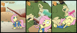 Size: 1700x744 | Tagged: safe, artist:madmax, fluttershy, deathclaw, pegasus, pony, g4, blushing, comic, couriershy, eyeshadow, fallout, fallout: new vegas, kissing, lipstick, makeup, smiling