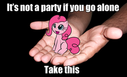 Size: 964x587 | Tagged: safe, pinkie pie, g4, cute, diapinkes, image macro, it's dangerous to go alone, micro, take this, the legend of zelda