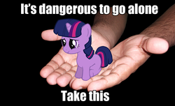 Size: 964x587 | Tagged: safe, twilight sparkle, g4, cute, image macro, it's dangerous to go alone, micro, take this, the legend of zelda, twiabetes