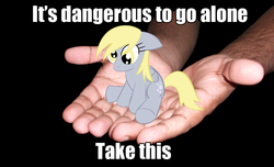 Size: 964x587 | Tagged: safe, derpy hooves, pegasus, pony, g4, cute, derpabetes, female, funny, it's dangerous to go alone, mare, meme, micro, photo, take this, the legend of zelda