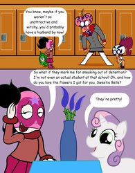 Size: 1690x2162 | Tagged: safe, artist:abigail m., sweetie belle, oc, g4, abjay, buena girl, comic sans, crossover, mucha lucha, non-mlp oc, snow pea, the headmistress