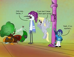 Size: 2165x1688 | Tagged: safe, artist:abigail m., derpy hooves, oc, pegasus, pony, g4, chowder, comic sans, crossover, female, florentine, male, mare, mordecai, non-mlp oc, regular show