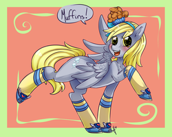 Size: 1280x1024 | Tagged: safe, artist:tiki-sama, derpy hooves, pegasus, pony, g4, clothes, female, mare, socks, solo, that pony sure does love muffins