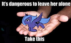 Size: 964x587 | Tagged: safe, nightmare moon, princess luna, human, pony, g4, cute, disembodied hand, female, flying, hand, image macro, irl, irl human, it's dangerous to go alone, lunabetes, photo, s1 luna, solo focus, take this, the legend of zelda, wings