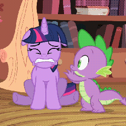 Size: 600x600 | Tagged: safe, screencap, spike, twilight sparkle, pony, g4, lesson zero, animated, cropped, duo, fear, loop, push, shove, shuddering