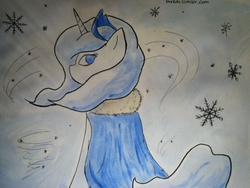 Size: 960x720 | Tagged: safe, artist:thekuto, princess luna, pony, g4, 30 minute art challenge, cloak, clothes, female, looking back, snow, snowfall, solo, traditional art