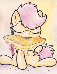 Size: 734x952 | Tagged: safe, artist:slightlyshade, scootaloo, pony, g4, female, pastry, solo, traditional art