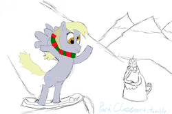 Size: 1280x853 | Tagged: safe, artist:parkcleeseart, derpy hooves, pegasus, pony, g4, 30 minute art challenge, crossover, female, gunther, ice king, mare, snow, snowboard