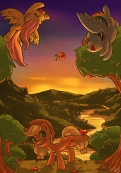 Size: 700x1000 | Tagged: safe, artist:atryl, applejack, fluttershy, rainbow dash, earth pony, pegasus, pony, g4, apple, female, flying, juggling, scenery, sunset, trio, trio female