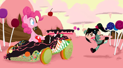 Size: 1296x720 | Tagged: safe, artist:aliasforrent, pinkie pie, earth pony, human, pony, g4, crossover, female, mare, sugar rush, vanellope von schweetz, wreck-it ralph