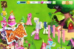 Size: 960x640 | Tagged: safe, gameloft, screencap, bon bon, cheerilee, cup cake, derpy hooves, pinkie pie, sweetie drops, earth pony, pegasus, pony, g4, my little pony: magic princess, background character, background pony, book, coin, female, game screencap, gameloft logo, gem, golden oaks library, horn, mare, mobile game, numbers, sign, sugarcube corner, wings
