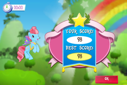 Size: 960x640 | Tagged: safe, gameloft, screencap, cup cake, earth pony, pony, g4, my little pony: magic princess, apron, clear the skies, clothes, english, female, flying, glimmer wings, mare, mobile game, numbers, rainbow, score, text, timer, tree, wings