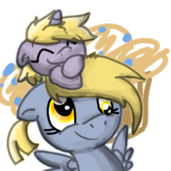 Size: 500x500 | Tagged: safe, artist:ditzy-doo-bubbles, derpy hooves, dinky hooves, pegasus, pony, unicorn, g4, duo, female, mare, pony hat