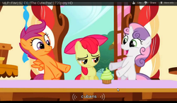 Size: 1024x600 | Tagged: safe, screencap, apple bloom, scootaloo, sweetie belle, earth pony, pegasus, pony, unicorn, g4, the cutie pox, bipedal, cutie mark crusaders, female, filly, foal, horn, trio, trio female, youtube caption