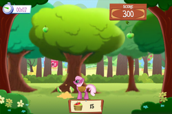 Size: 960x640 | Tagged: safe, gameloft, screencap, cheerilee, earth pony, pony, g4, my little pony: magic princess, apple, apple tree, basket, bush, female, food, game screencap, green apple, mare, mobile game, numbers, orchard, score, solo, timer, tree