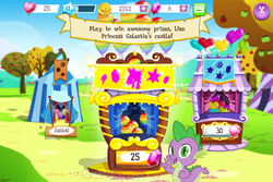 Size: 960x640 | Tagged: safe, gameloft, screencap, princess celestia, spike, dragon, g4, my little pony: magic princess, apple, balloon, claws, coin, english, food, gameloft logo, gem, green apple, male, mobile game, numbers, text, timer, tree