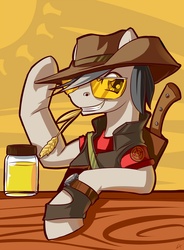 Size: 1473x2000 | Tagged: safe, artist:lexx2dot0, pony, jar, jarate, male, mouth hold, pee in container, ponified, sniper, sniper (tf2), solo, stallion, team fortress 2, urine, watch, wristwatch