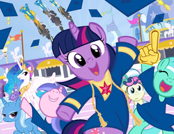 Size: 1000x773 | Tagged: safe, artist:pixelkitties, bon bon, lyra heartstrings, misty fly, princess celestia, sea swirl, seafoam, soarin', spitfire, sweetie drops, trixie, twilight sparkle, g4, dunce hat, graduation, hat, hi anon, meme, wonderbolts