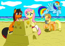 Size: 1140x817 | Tagged: safe, artist:neoryan2, applejack, fluttershy, rainbow dash, oc, oc:roxy, earth pony, pegasus, pony, g4, beach, bucket, diaper, diaper fetish, female, mare, mouth hold, non-baby in diaper, sandcastle