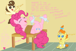 Size: 949x642 | Tagged: safe, artist:darkknighthoof, artist:varikki, pinkie pie, pound cake, pumpkin cake, earth pony, pegasus, pony, unicorn, g4, baby, bondage, colored, diaper, eyes closed, female, hoof fetish, hoof tickling, hooves, male, mare, rope, rope bondage, tickle party, tickle torture, tickling, tied up, underhoof