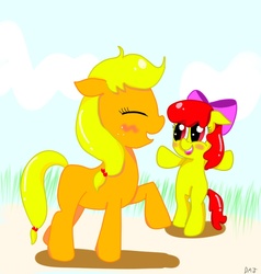 Size: 984x1032 | Tagged: safe, artist:danadyu, apple bloom, applejack, earth pony, pony, g4, blank flank, blonde hair, blushing, bow, duo, duo female, eyes closed, female, floppy ears, freckles, hair bow, hooves in air, orange coat, raised hoof, red hair, simple background, smiling, standing on two hooves, yellow coat