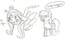 Size: 1000x537 | Tagged: safe, artist:beautyberri, braeburn, fluttershy, g4, blushing, female, male, pomf, ship:braeshy, shipping, sketch, something else also rises, straight, wingboner