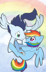 Size: 450x699 | Tagged: safe, artist:stephastated, rainbow dash, soarin', pegasus, pony, g4, cloud, day, female, flying, looking at each other, looking at someone, male, mare, rainbow, ship:soarindash, shipping, sky, straight