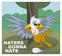 Size: 1000x904 | Tagged: safe, artist:prodius, oc, oc only, griffon, grin, haters gonna hate, male, meme, quadrupedal, smiling, solo, sunglasses, tree