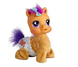 Size: 500x431 | Tagged: safe, scootaloo (g3), earth pony, pony, g3, official, blushing, bow, cute, diaper, electronic toy, female, filly, foal, g3 cutealoo, hair bow, heart, heart eyes, irl, photo, simple background, so soft, so soft crawling scootaloo, toy, white background, wingding eyes