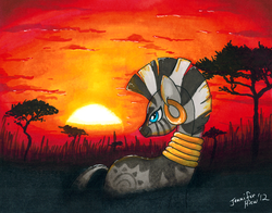 Size: 900x707 | Tagged: safe, artist:fallenzephyr, zecora, pony, g4, female, silhouette, solo, sunset, traditional art