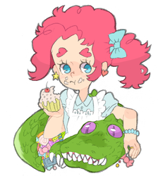 Size: 459x513 | Tagged: safe, artist:tokimekiwaku, gummy, pinkie pie, human, g4, alternate hairstyle, bow, candy, cupcake, ear piercing, earring, eating, food, hair bow, humanized, jewelry, light skin, piercing, side ponytail, thick eyebrows