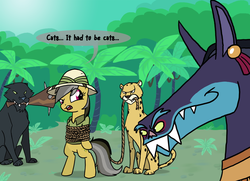Size: 1000x723 | Tagged: safe, artist:professor-ponyarity, ahuizotl, daring do, cheetah, panther, g4, bipedal, dialogue, jungle, mouth hold, rope, speech bubble, tied up