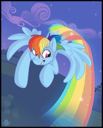 Size: 739x920 | Tagged: safe, artist:anuvia, rainbow dash, pegasus, pony, g4, cloud, female, flying, mare, night, rainbow trail, sky, solo, stars