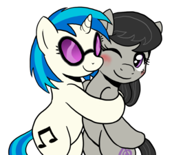 Size: 1000x900 | Tagged: safe, artist:muffinshire, dj pon-3, octavia melody, vinyl scratch, g4, blushing, cute, hind legs, hug, legs together, ship:scratchtavia, shipping, simple background, transparent background