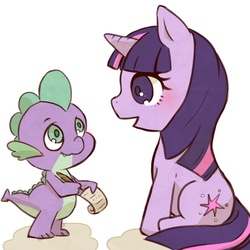 Size: 797x797 | Tagged: safe, artist:akebi, spike, twilight sparkle, g4, pixiv, quill, scroll